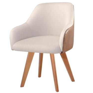 Imagem de Poltrona Decorativa Hera Linho Nude Couro Caramelo Com Pés Em Madeira