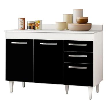 Imagem de Balcão De Pia Com Tampo Suécia 120Cm 03 Portas Branco Preto