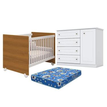 Imagem de Berço Nacional Mel Branco Savana - Reller E Cômoda Infantil Americano Branco Hp E Colchão Ortobom - Henn