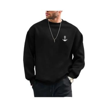 Imagem de Moletom Masculino Casual De Lã Com Estampa De Âncora, Caimento Solto, 