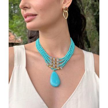 Imagem de Maxi Colar Turquesa com Miçangas e Gota de Howlita Azul - Acessório Ar