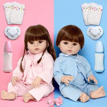 Imagem de Kit Bebê Reborn Gêmeos Casal 52cm 100 Silicone Acessórios barata - Ceg