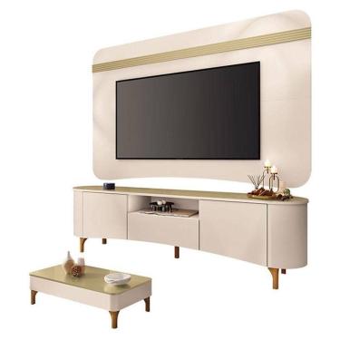 Imagem de Rack Bancada Elara E Painel Armony Com Mesa De Centro Liz Off White Champanhe - Hb Móveis