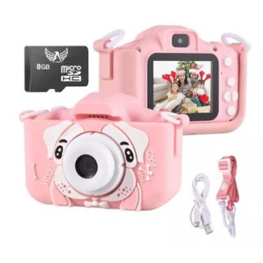 Imagem de Camera Digital Rosa Infantil Mini Cartão 8GB Fotos Voz Recarregável Co