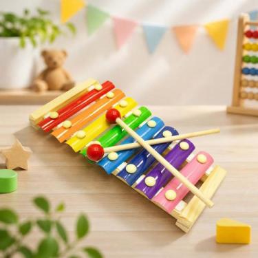 Imagem de Brinquedo pedagógico Xilofone Educativo 8 Notas Madeira Teclado Musica