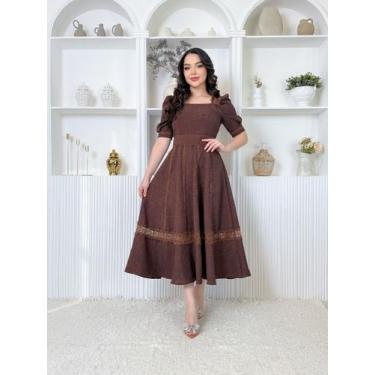 Imagem de Vestido Midi Feminino Social Evangélico Linho Guipir - Fashion, Marrom