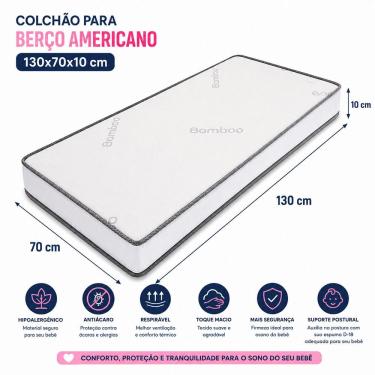 Imagem de Colchao Berco Americano Infantil Bebe 130x70 Antialergico Confortavel Macio Antiacaro Espuma D18 Movellu Home