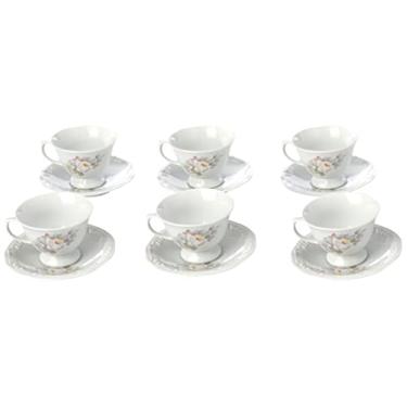 Imagem de Estojo com 6 Xícaras de de Chá com Pires com Pé. Modelo Redondo com Relevo Pomerode. Decoração Eterna. Fabricado pela Porcelana Schmidt.