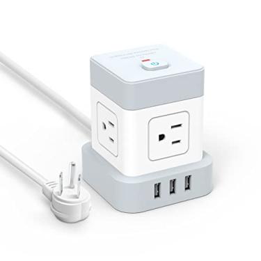 Imagem de Régua de energia com plugue plano USB Baykul Cubo de extensão com 4 tomadas, 3 portas USB de 1,5 m, protetor contra sobretensão de cabo de alimentação de mesa, estação de carregamento, proteção contra sobrecarga, compacto, portátil, para casa, viagens, escritório