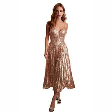 Imagem de Vestido de dama de honra feminino de lantejoulas vestido de dama de honra longo para mulheres decote em V fenda champanhe, P