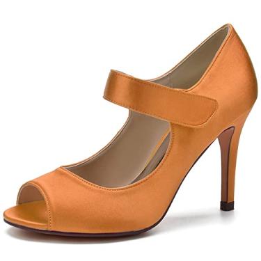 Imagem de Sapatos de noiva de cetim feminino, sapatos peep toe de salto agulha alto marfim 35-43,Orange,8 UK/41 EU