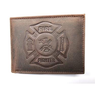 Imagem de Carteira de couro em relevo com bolso frontal de bombeiros, Marrom, Carteira fina