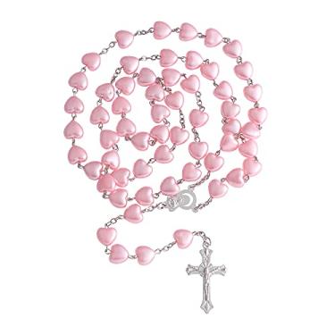 Imagem de OEMOO Rosário católico para mulher, rosário em forma de coração rosa, colar de contas, presentes de primeira comunhão para mulheres católicas, presentes cristãos, presentes católicos