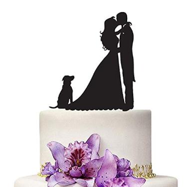 Imagem de YAMI COCU Topo de bolo de casamento, silhueta acrílica de cor preta casal noiva e noivo cachorro decorações de festa de casamento