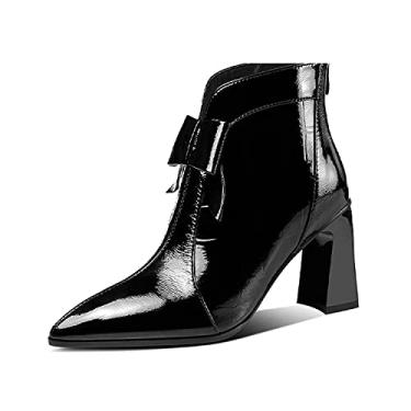Imagem de TinaCus Bota feminina de couro envernizado feita à mão bico fino salto alto brilhante laço plus size tornozelo bota com zíper nas costas, Preto, 8
