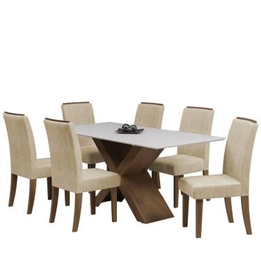 Imagem de Conjunto de Mesa Sala de Jantar Tampo Com Vidro Grécia 6 Cadeiras Off White / Bege / Cedro 1,80m Dobuê