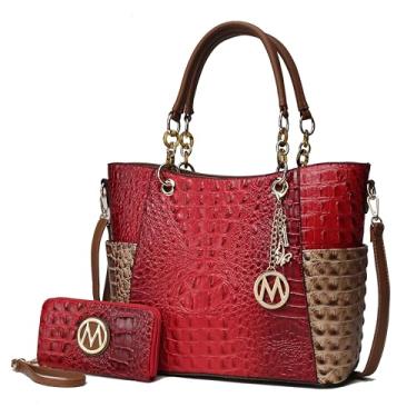 Imagem de MKF Collection Bolsa feminina com alça superior para carteira - bolsa de couro vegano, Pedra vermelha Croco, Large