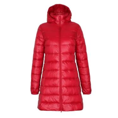 Imagem de Niiyyjj Jaqueta feminina plus size grossa longa jaqueta feminina ultra leve chapéu feminino casaco destacável, Vermelho grande, G