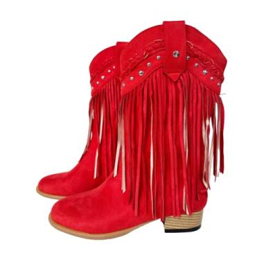 Imagem de Frankie Hsu Bota de salto alto clássica unissex caubói cowgirl, franja vermelha, camurça sintética, rebite bonito estilo ocidental, grande, tamanho 38-50, botas elegantes para mulheres e homens,