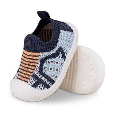 Imagem de Tênis infantil First Walking Safer Antiderrapante Leve Largo Tênis de Tênis Baby Slip on Respirável Meia Infantil Malha Malha Elástica Sola Macia Interior Sapatos 1-4 Anos Menino Meninas Caminhadas ao Ar Livre, Azul, 3 Toddler