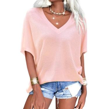 Imagem de Tankaneo Camisetas femininas grandes de verão, casual, gola V, manga curta, túnica de malha, rosa, G