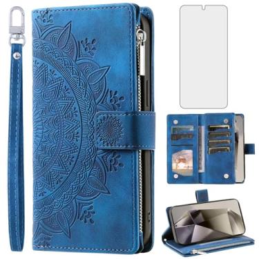 Imagem de Capa de telefone para Samsung Galaxy S24 Ultra 5G Capa carteira com protetor de tela de vidro temperado e alça de pulso Mandala flor flip zíper porta-cartões celular S24Ultra 24S S 24 24Ultra feminino