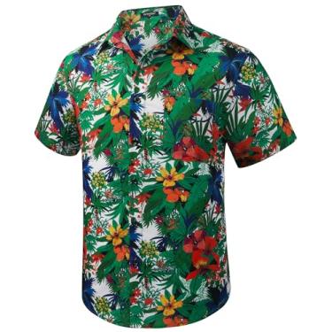Imagem de Camisa masculina havaiana manga curta Aloha floral tropical casual camisa de botão camisas verão praia para férias, Palmeira e flor branca/verde, XXG