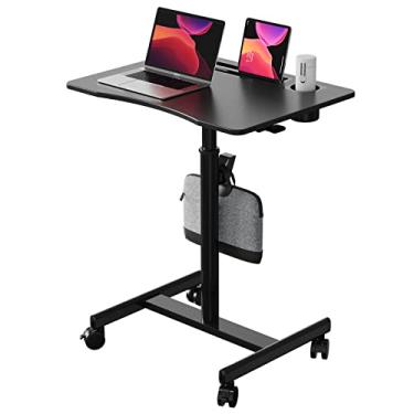 Imagem de JYLH JOYSEEKER Mesa de suporte móvel, mesa de laptop de 71 cm com suporte para copos, estação de trabalho móvel com rodas, carrinho de mesa portátil com gancho para escritório em casa, preto