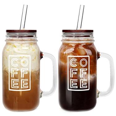 Imagem de ANOTION Mason Jar Copo de café gelado com alça, frascos de vidro de boca regular de 680 g com tampa e vidro de palha, copos de café, copos reutilizáveis, garrafas para viagens, escritório, casa