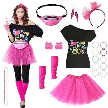 Imagem de PARTTELY Acessórios de fantasia para mulheres dos anos 80 – camiseta, pochete, saia tutu e muito mais para Halloween, festas de aniversário, Rosa choque, 3G
