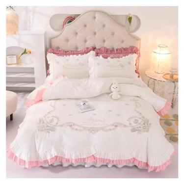 Imagem de Jogo de cama luxuoso, branco, rosa, 100% algodão, bordado floral, princesa, lençol com babados, saia de cama, fronhas, conjunto de cama (branco 1,8 m, saia de cama 4 peças)