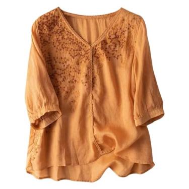 Imagem de Camisas de linho para mulheres, algodão, linho, manga curta, verão, solta, gola redonda, casual, boho, blusa bordada vintage, I#_laranja, M