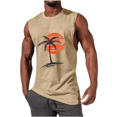 Imagem de Colete masculino esportivo esportivo de praia sem mangas para homens gola redonda havaiana camiseta regata outono verão 2024, Q-734 cáqui, M