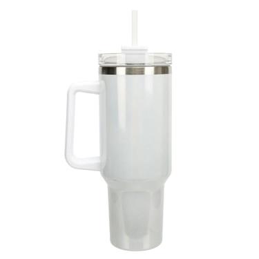 Imagem de Elanze Designs Garrafa de água grande, aço inoxidável de 1,134 g, caneca de café, resistente a derramamentos e vazamentos, copo térmico de viagem com alça, tampa e canudo, branco perolado