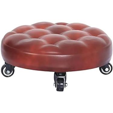 Imagem de Tamborete pequeno com rodas giratórias, assentos de couro PU cadeira sapato trocando fezes, baixo assento de rolo para home office fitness ao ar livre, marrom1