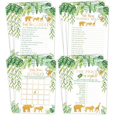 Imagem de Jungle Baby Shower Games, 25 jogos cada bingo, encontre o convidado, o preço é certo, quem conhece a mamãe melhor, elefante verde e dourado, girafa, macaco, leão