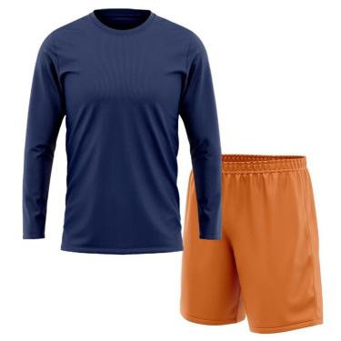 Imagem de Kit Calção Short Futebol Basquete Laranja + Manga Longa Masculina Segunda Pele Dry-Masculino