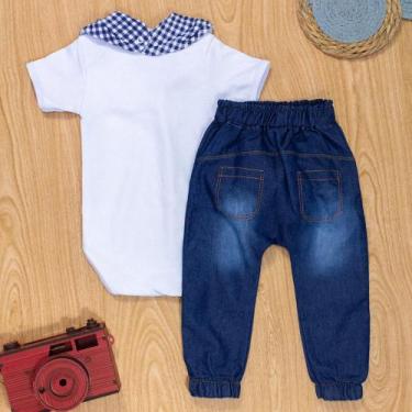 Imagem de Conjunto para Bebê Charmoso Body, Calça, Bandana Xadrez Azul - Era Uma