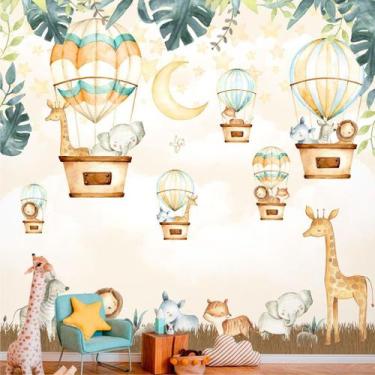 Imagem de Papel de Parede Foto Mural Adesivo Safari Baby Aquarela com Balões Aut