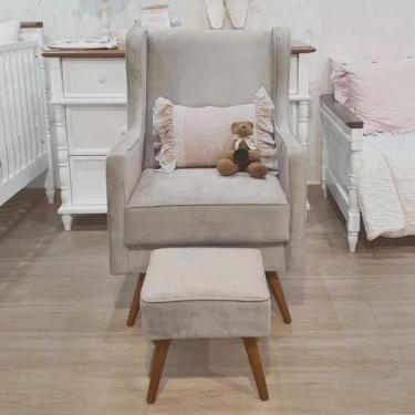 Imagem de Poltrona Amamentação Aquila Com Puff Pés Madeira Linho Bege - Estofado