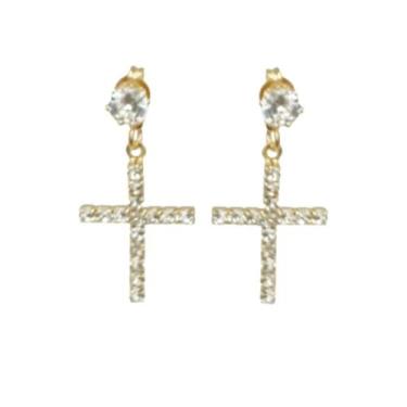 Imagem de Brinco Cruz de Strass Cristal Folheado Ouro 18k Antialérgico - Mixfolh
