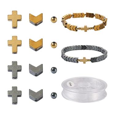 Imagem de Crafans Kit de contas de hematita sintética com cordão de cristal elástico, 3 estilos de contas cruzadas redondas de hematita para fabricação de joias de pulseira