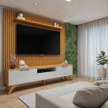 Imagem de Conjunto Rack Áustria 220cm com Painel Ripado para Tv de até 75 Polegadas Paris Naturalle/Off White