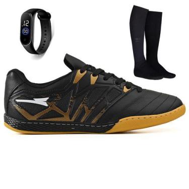 Imagem de Kit Chuteira Futsal Quadra Bico de Couro Futebol Salao + Meião + Relog