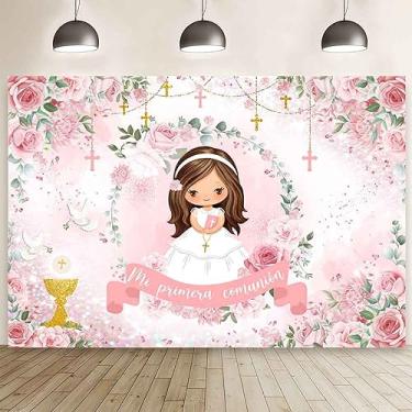 Imagem de MEHOFOND Pano de fundo Mi Primera Comunión de 2,1 x 1,5 m Fundo de fotografia de batismo floral rosa pastel para menina rosa Mi Bautizo cálice Deus abençoe pombas glitter Dot Decor First Holy