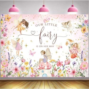 Imagem de Pano de fundo de chá de bebê Fairy Wildflower 20 x 1,5 m A Little Fairy is On The Way Banner Background Conto de Fadas País das Maravilhas Princesa Menina Decoração de Chá de Bebê Suprimentos de