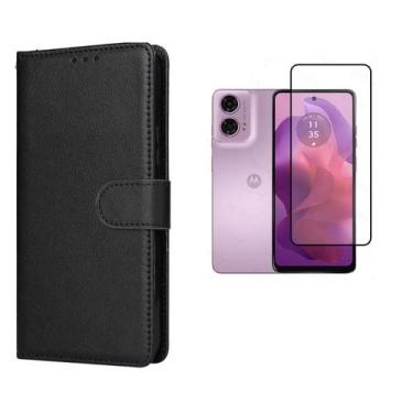 Imagem de Capa Capinha Carteira Flip Couro + Pelicula vidro 3D Motorola Moto G24