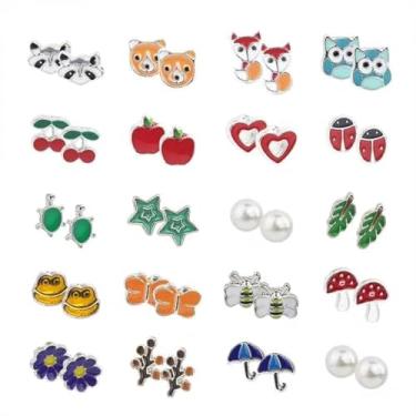 Imagem de HOVEOX 20 pares de brincos de aço inoxidável, cores mistas, animais fofos, frutas, cogumelo, cereja, pérola, raposa, urso, borboleta, abelha, coruja, flor, estrela, coração