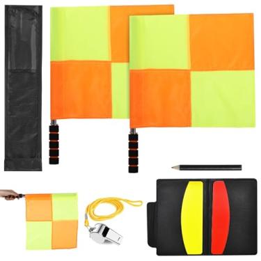 Imagem de Conjunto de 8 peças de bandeira de árbitro de futebol, bandeira de árbitro estilo xadrez amarelo laranja, bandeiras de futebol com bolsa, cartões amarelos vermelhos, caderno de árbitro com lápis,