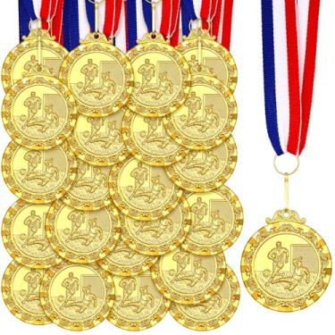 Imagem de Misdary 36 peças de medalhas de prêmio para crianças 2" Gold Sports Awards futebol basquete futebol beisebol medalhas troféu com fita vermelha branca azul listras para crianças presente vencedor de